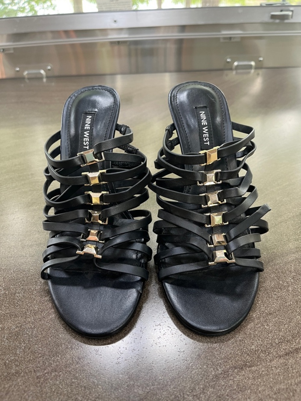 Nine West Black Multi-Strap Slide Heels with Gold Accents